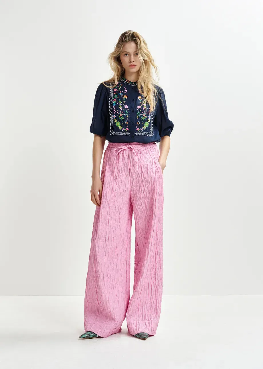 Essentiel Antwerp Horange Dark blue, green and pink floral embroidered shirt with mandarin collar