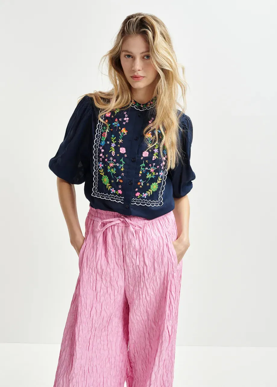 Essentiel Antwerp Horange Dark blue, green and pink floral embroidered shirt with mandarin collar