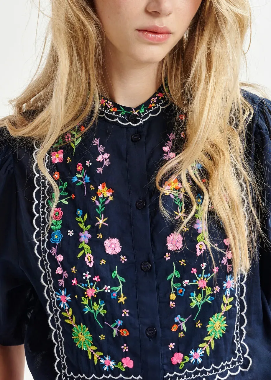 Essentiel Antwerp Horange Dark blue, green and pink floral embroidered shirt with mandarin collar