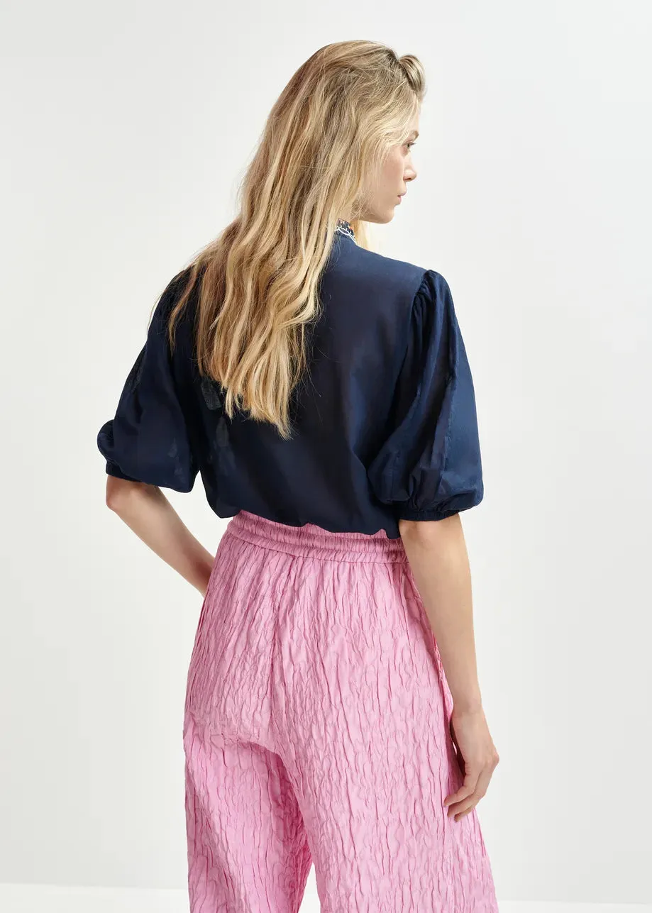 Essentiel Antwerp Horange Dark blue, green and pink floral embroidered shirt with mandarin collar