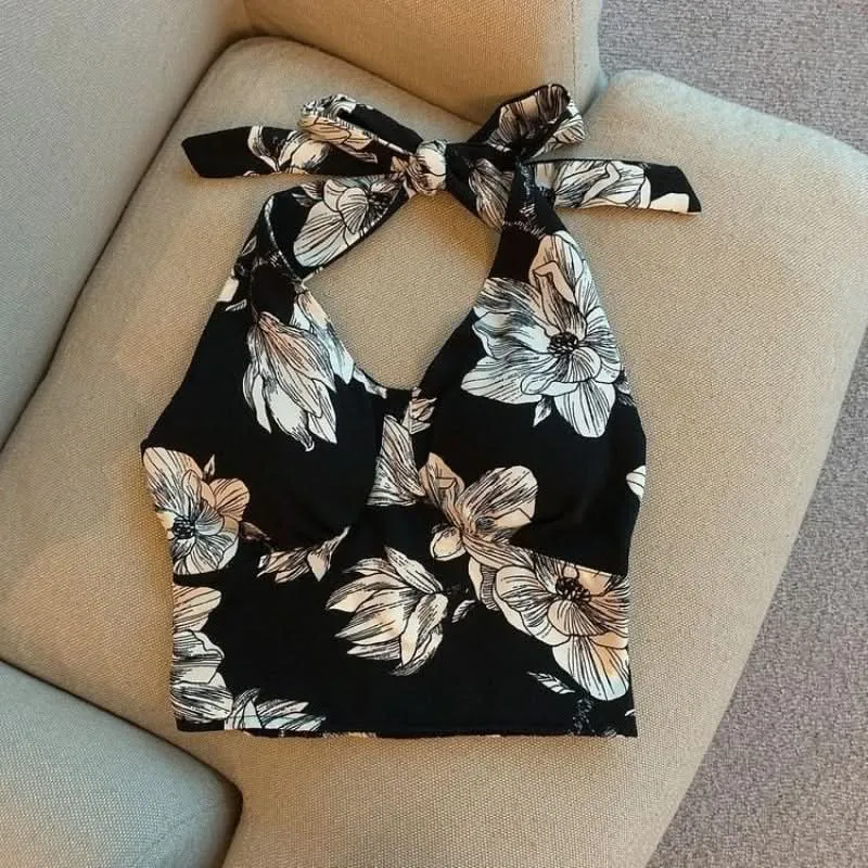 Floral Halter Neck Sleeveless Top - Plus Size
