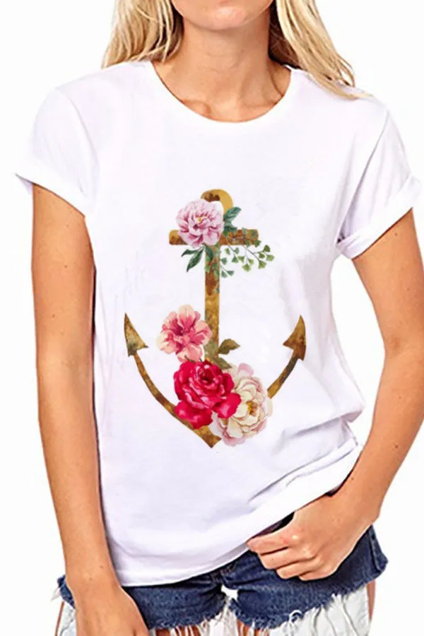 Flower Anchor Print Short Sleeves Scoop T-shirt