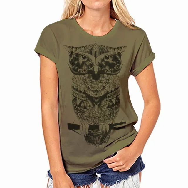 (Free Shipping) Owl Print O-Neck Short Sleeve T Shirt Women Tops (Free Shipping)