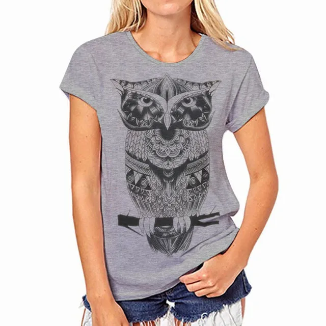 (Free Shipping) Owl Print O-Neck Short Sleeve T Shirt Women Tops (Free Shipping)