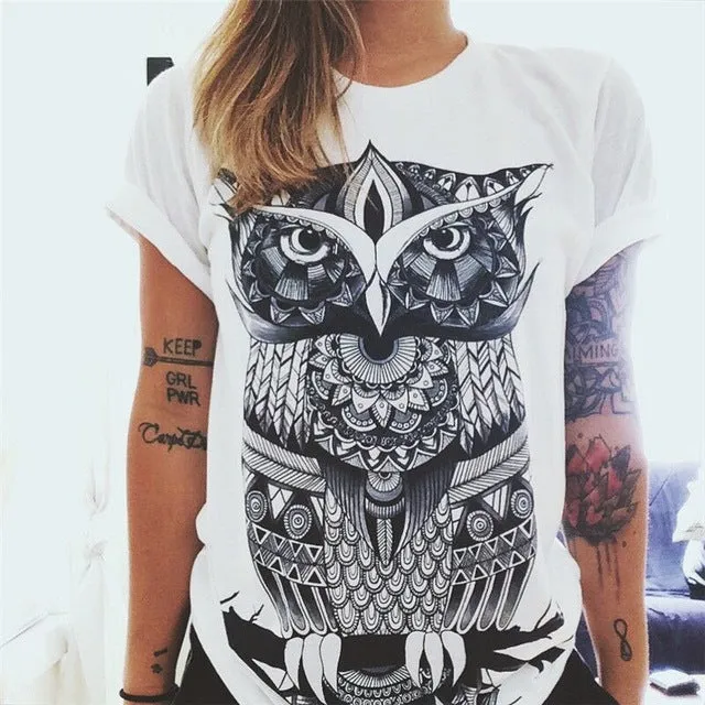 (Free Shipping) Owl Print O-Neck Short Sleeve T Shirt Women Tops (Free Shipping)