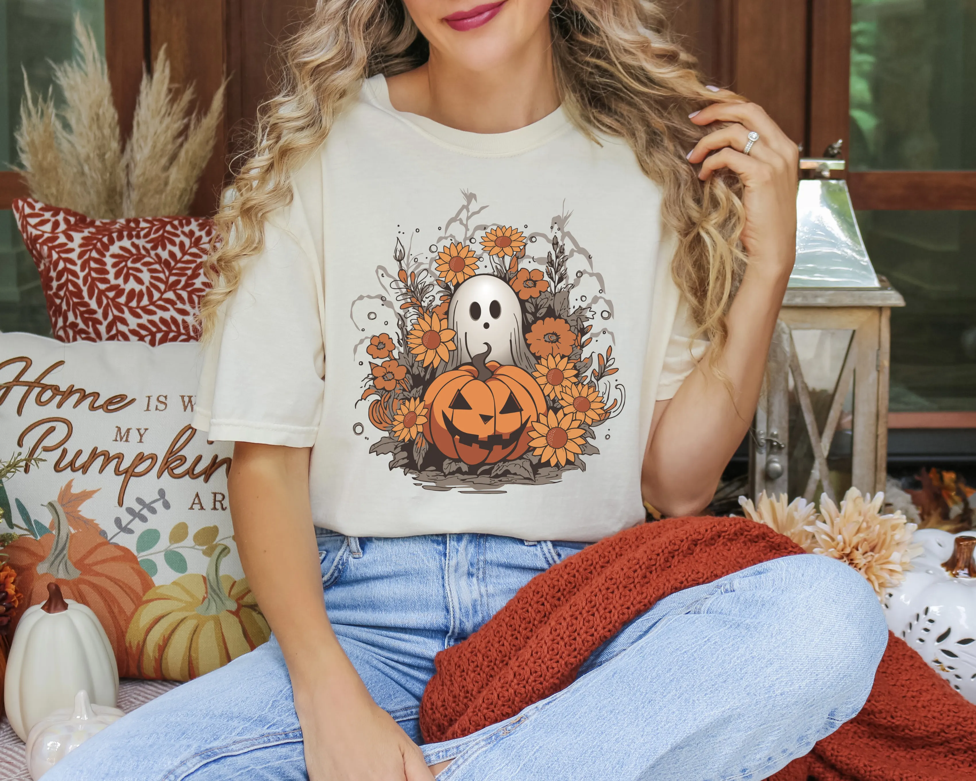 Ghost and Pumpkin Floral Ivory Comfort Colors