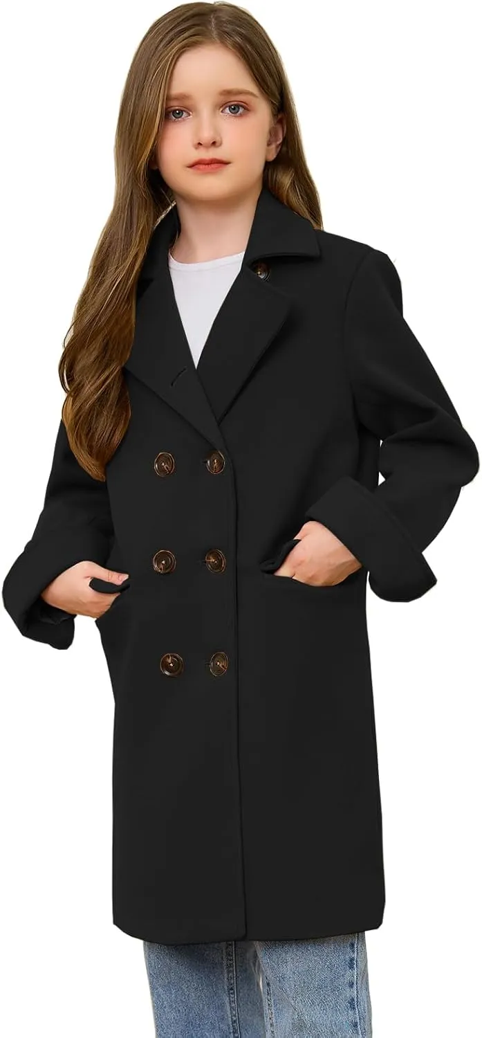 Girls Coat Double Breasted Notched Collar Wool Blend Long Trench Coat Winter Warm Peacoat Dress Coat with Pockets