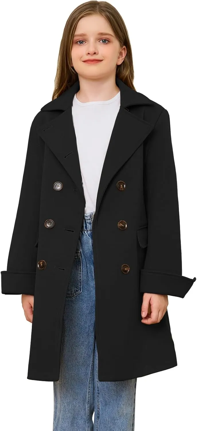Girls Coat Double Breasted Notched Collar Wool Blend Long Trench Coat Winter Warm Peacoat Dress Coat with Pockets