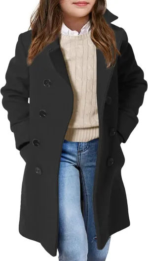 Girls Coat Double Breasted Notched Collar Wool Blend Long Trench Coat Winter Warm Peacoat Dress Coat with Pockets