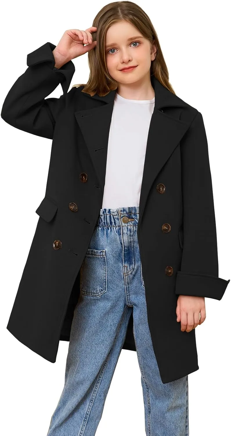 Girls Coat Double Breasted Notched Collar Wool Blend Long Trench Coat Winter Warm Peacoat Dress Coat with Pockets