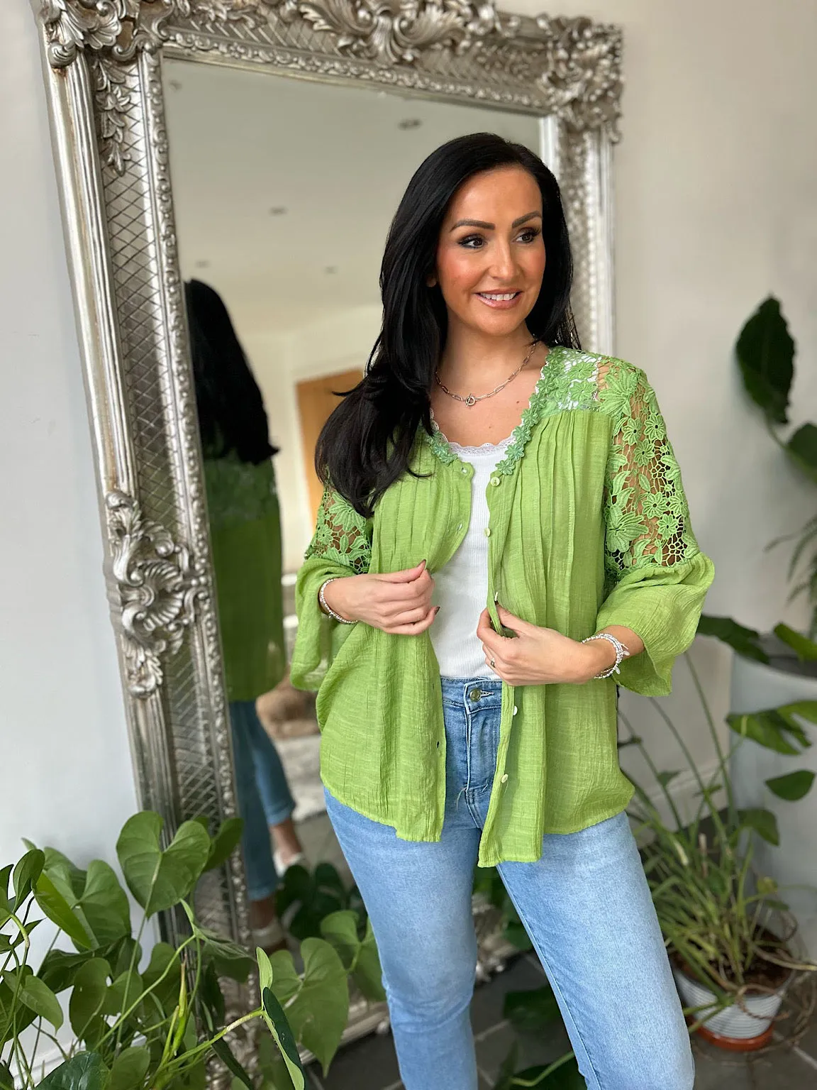 Green Floral Lace Button Top Rosie