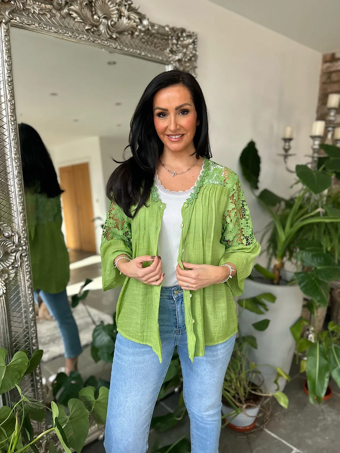 Green Floral Lace Button Top Rosie