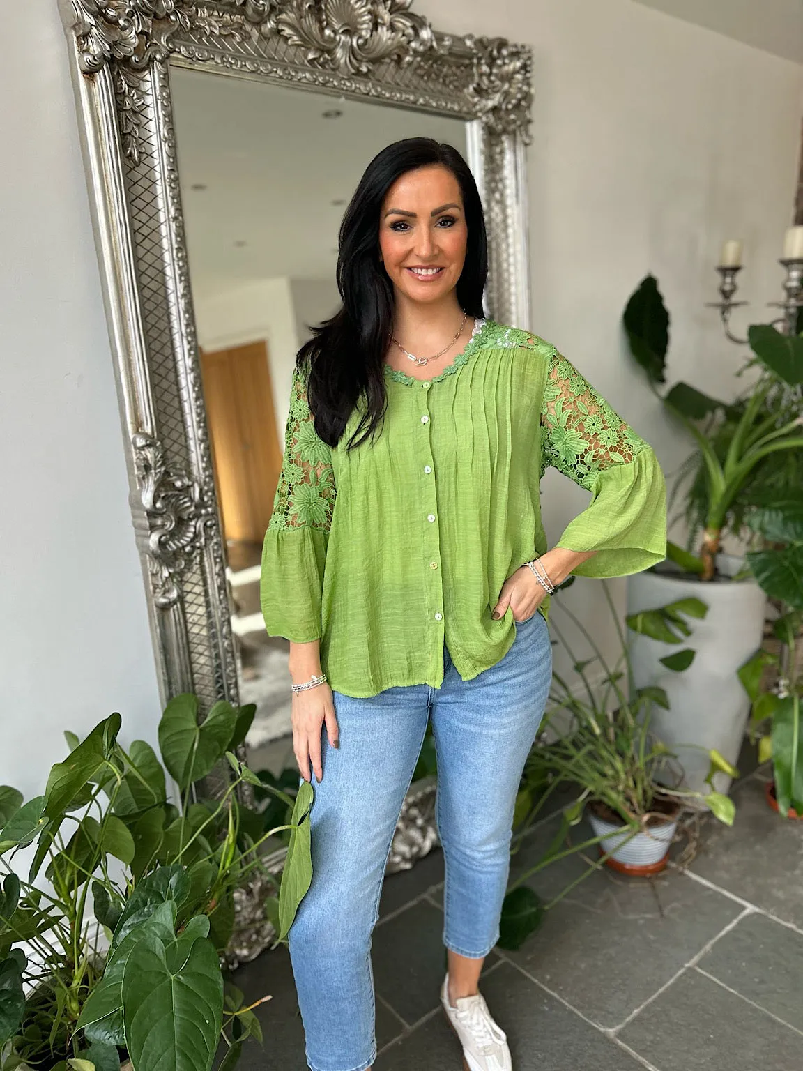 Green Floral Lace Button Top Rosie