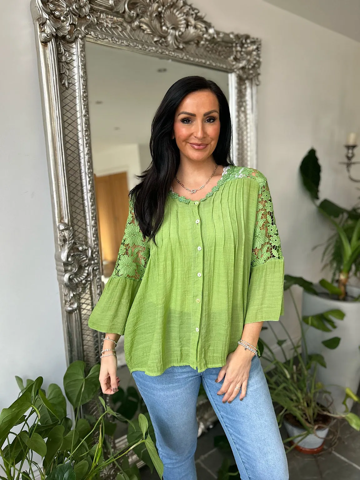 Green Floral Lace Button Top Rosie
