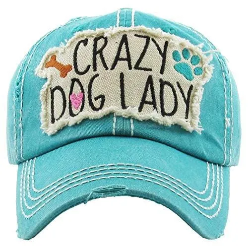 H-212-CDL46 Distressed Baseball Cap Vintage Dad Hat - Crazy Dog Lady (Teal)