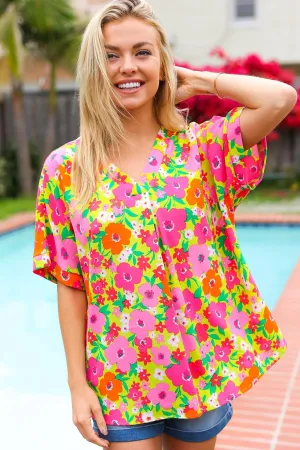 Haptics Lightweight Floral Print Top in Lime/Pink