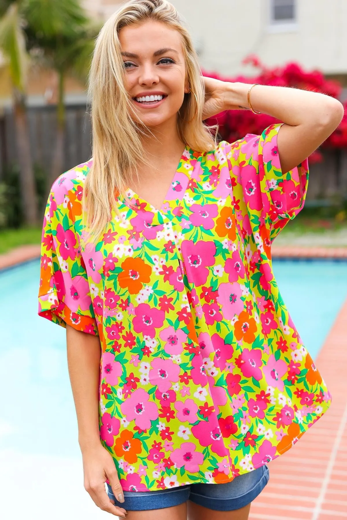 Haptics Lightweight Floral Print Top in Lime/Pink