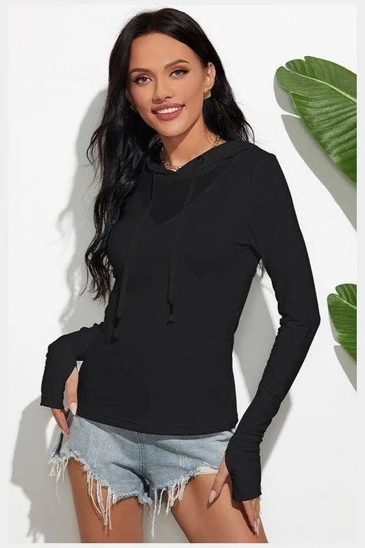 HOODED LONG SLEEVED SOLID COLOR T SHIRT