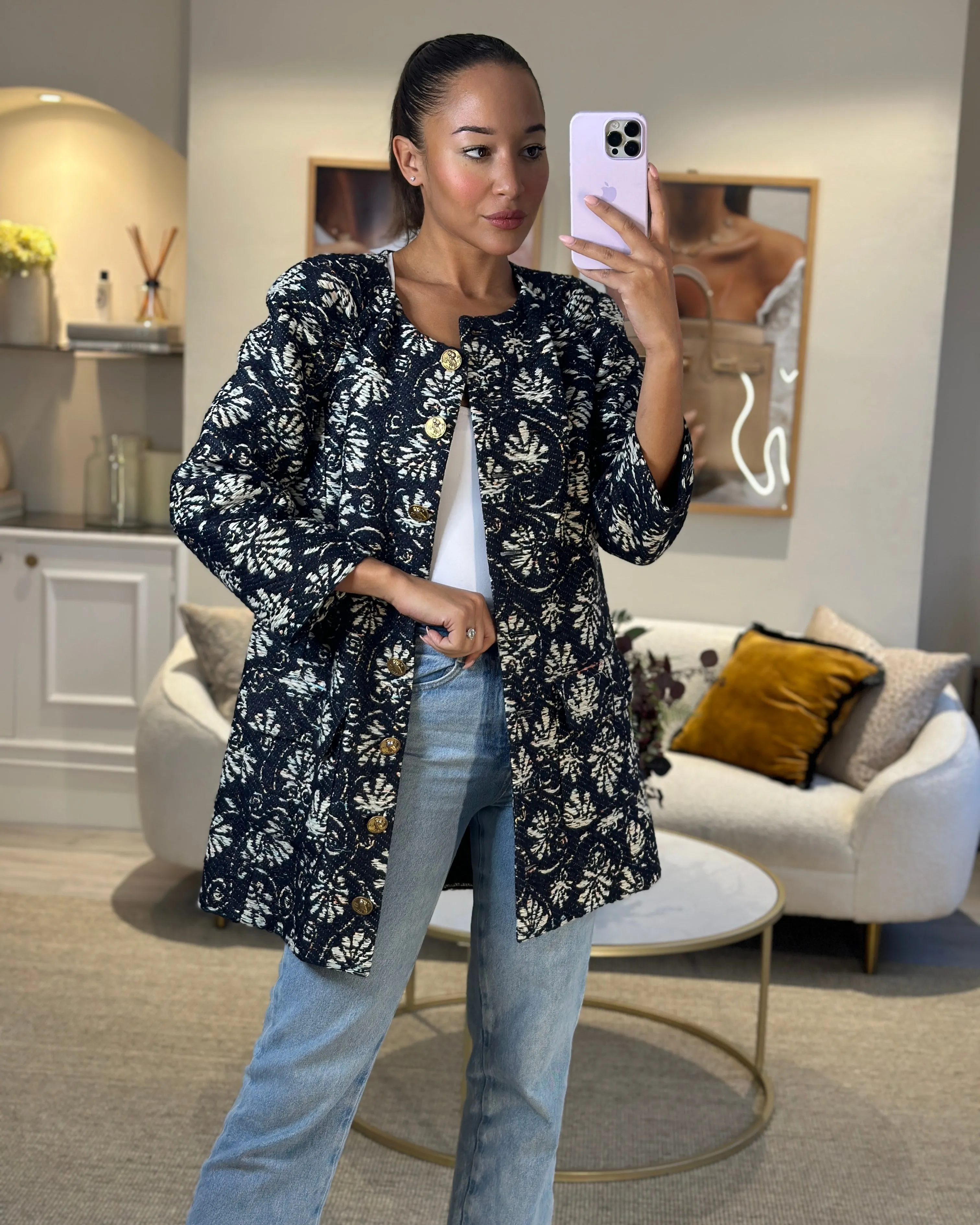 *hot*trendy Inspired  Chanel 18c Navy Tweed Jacket With White Floral Embroideries And Crystal Bronze Buttons Fr 42 (uk 14) Rrp £4800