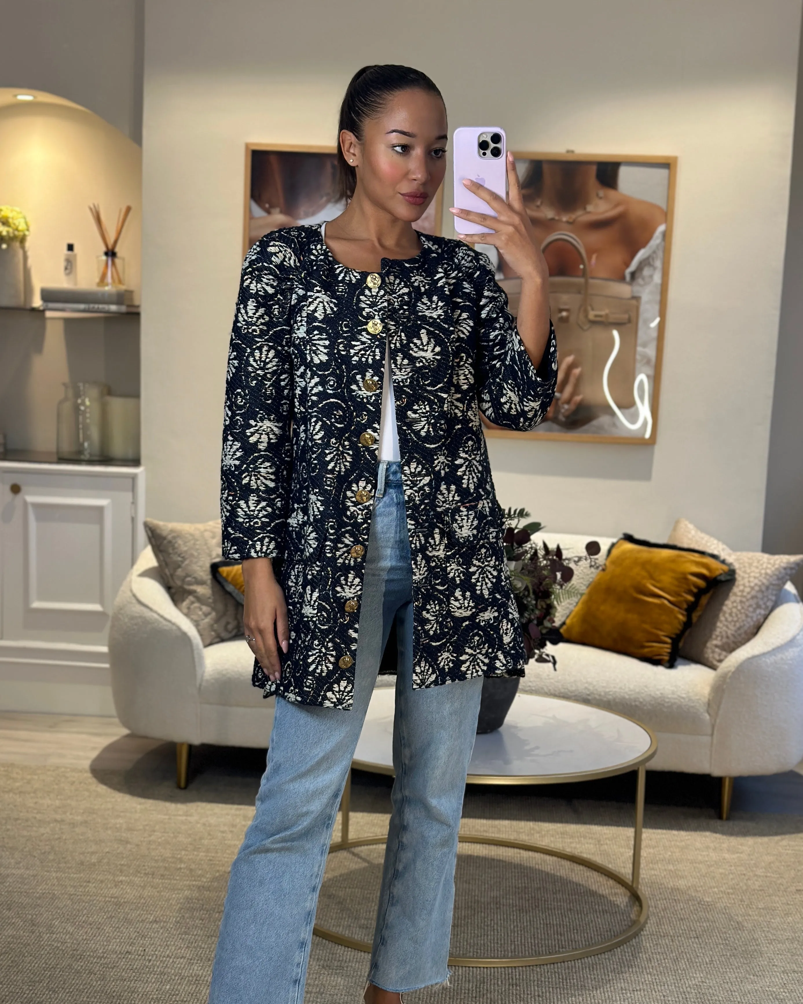 *hot*trendy Inspired  Chanel 18c Navy Tweed Jacket With White Floral Embroideries And Crystal Bronze Buttons Fr 42 (uk 14) Rrp £4800