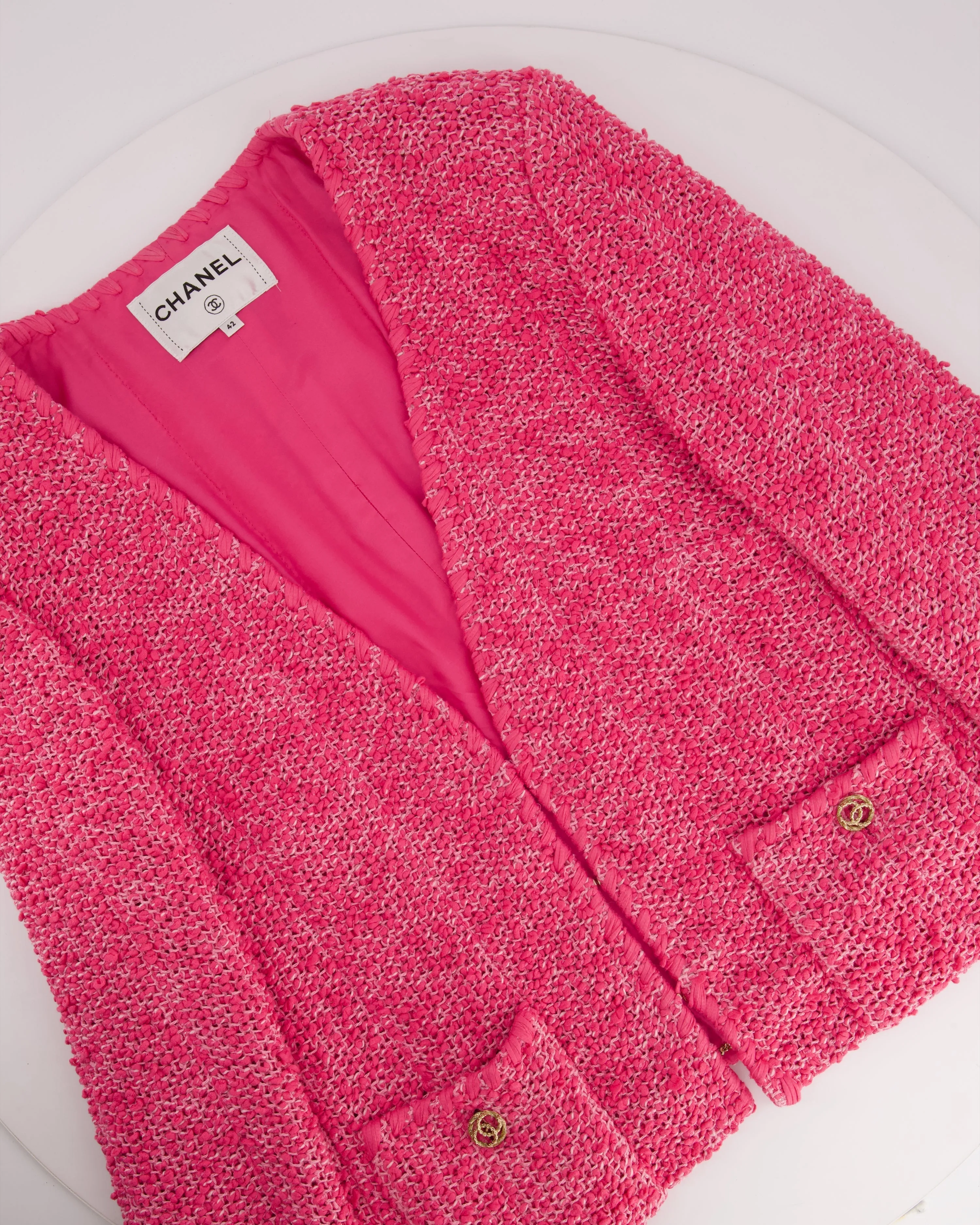 *hot*trendy Inspired  Chanel 21c Pink Tweed Jacket And Skirt Set With Cc Logo Buttons Size Fr 42 (uk 14)