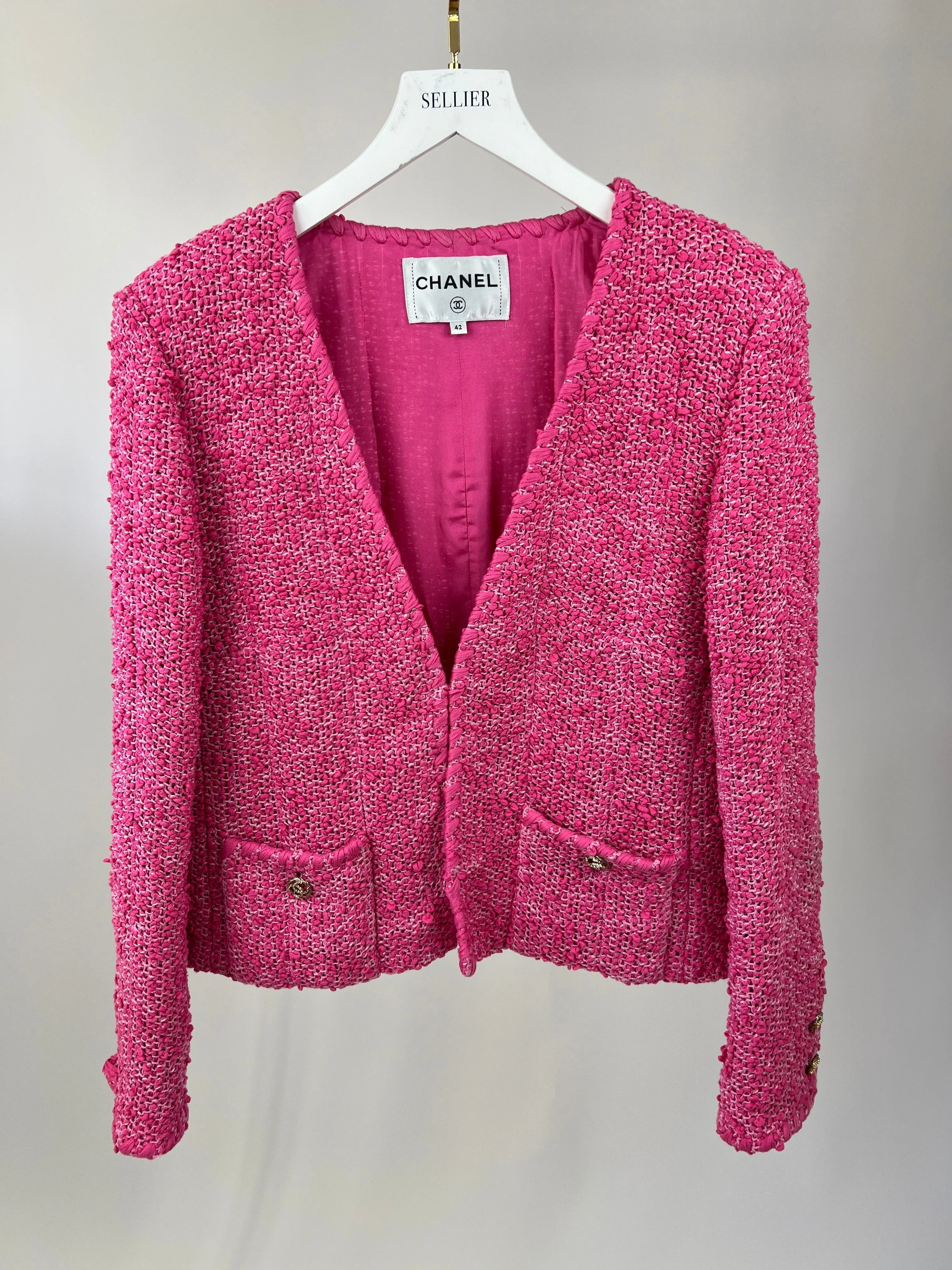 *hot*trendy Inspired  Chanel 21c Pink Tweed Jacket And Skirt Set With Cc Logo Buttons Size Fr 42 (uk 14)
