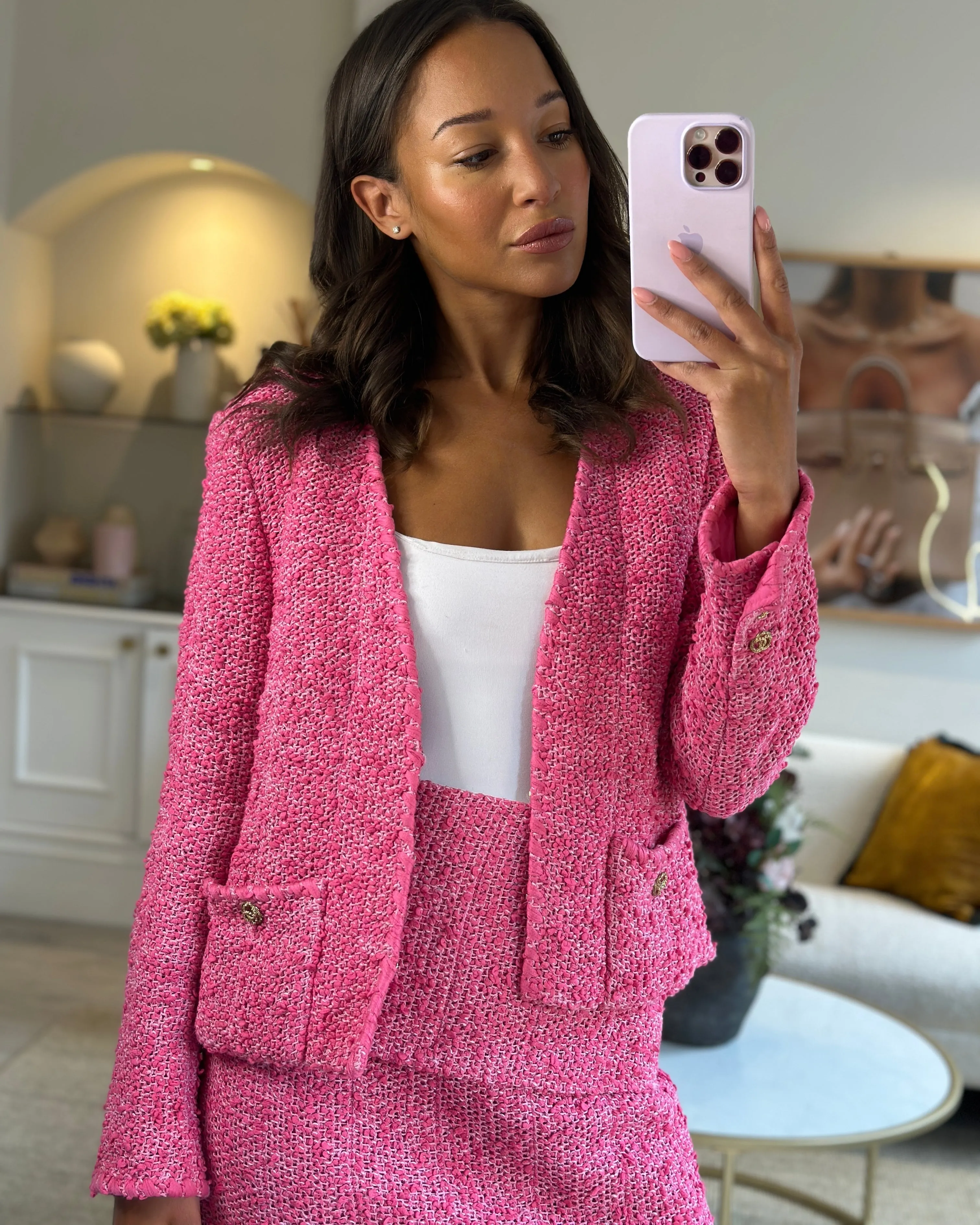 *hot*trendy Inspired  Chanel 21c Pink Tweed Jacket And Skirt Set With Cc Logo Buttons Size Fr 42 (uk 14)