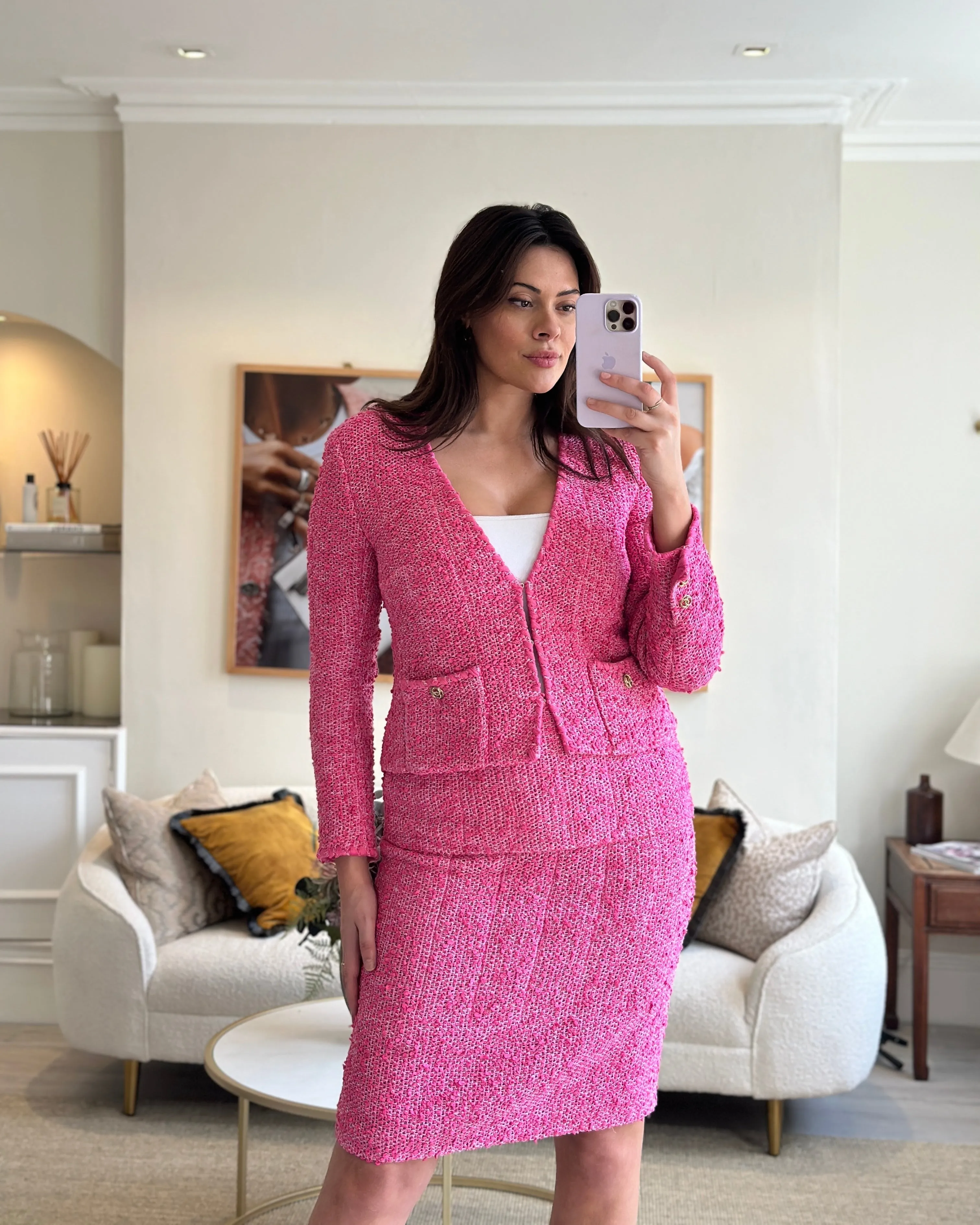 *hot*trendy Inspired  Chanel 21c Pink Tweed Jacket And Skirt Set With Cc Logo Buttons Size Fr 42 (uk 14)