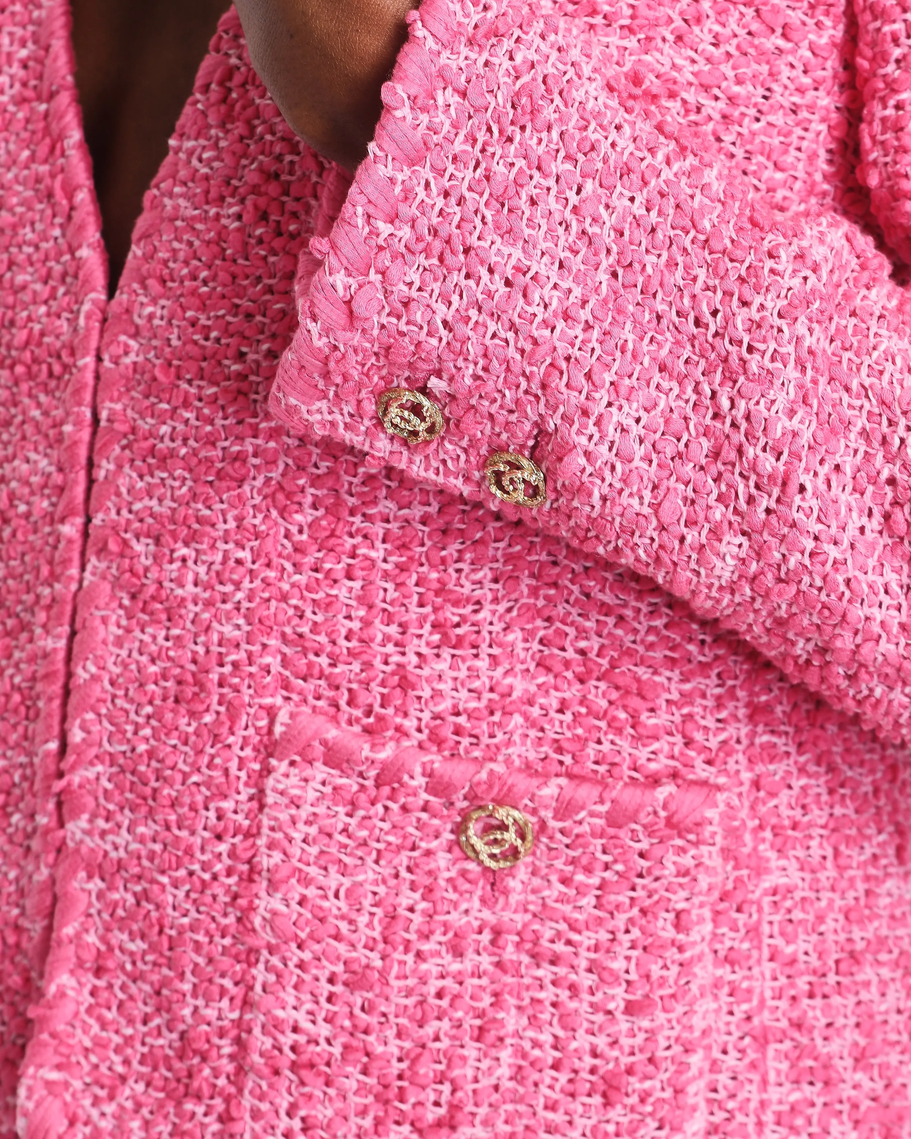 *hot*trendy Inspired  Chanel 21c Pink Tweed Jacket And Skirt Set With Cc Logo Buttons Size Fr 42 (uk 14)