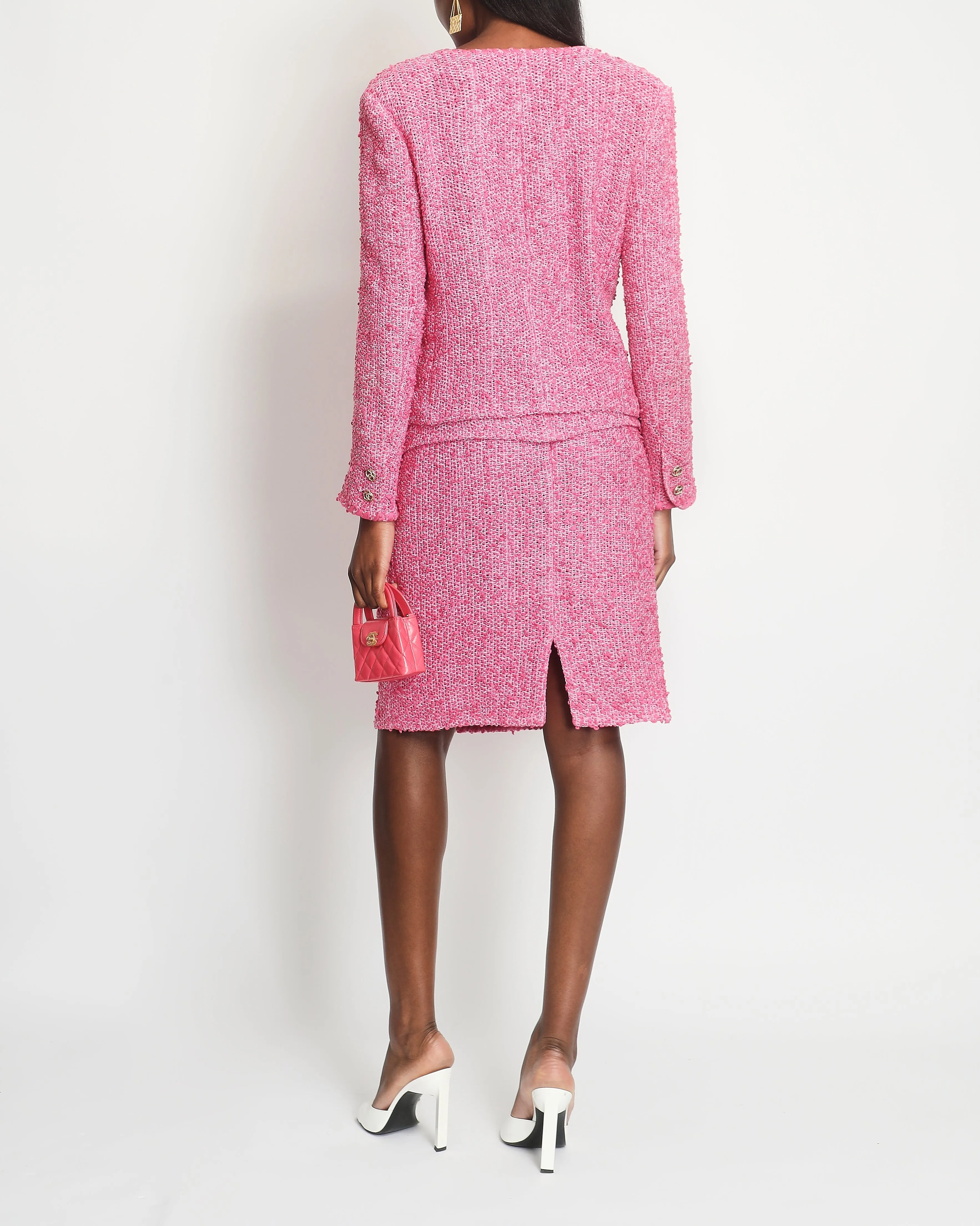 *hot*trendy Inspired  Chanel 21c Pink Tweed Jacket And Skirt Set With Cc Logo Buttons Size Fr 42 (uk 14)