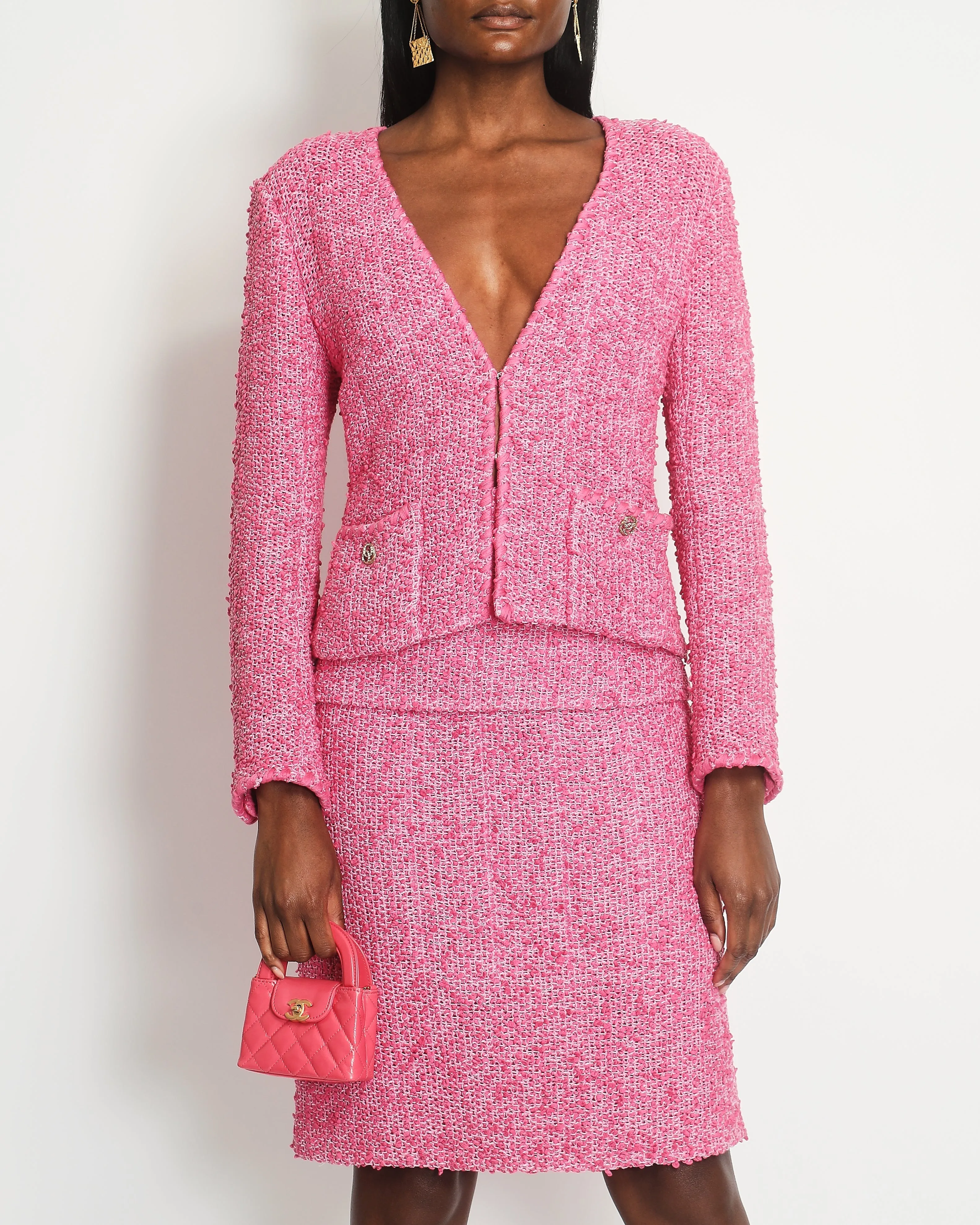 *hot*trendy Inspired  Chanel 21c Pink Tweed Jacket And Skirt Set With Cc Logo Buttons Size Fr 42 (uk 14)