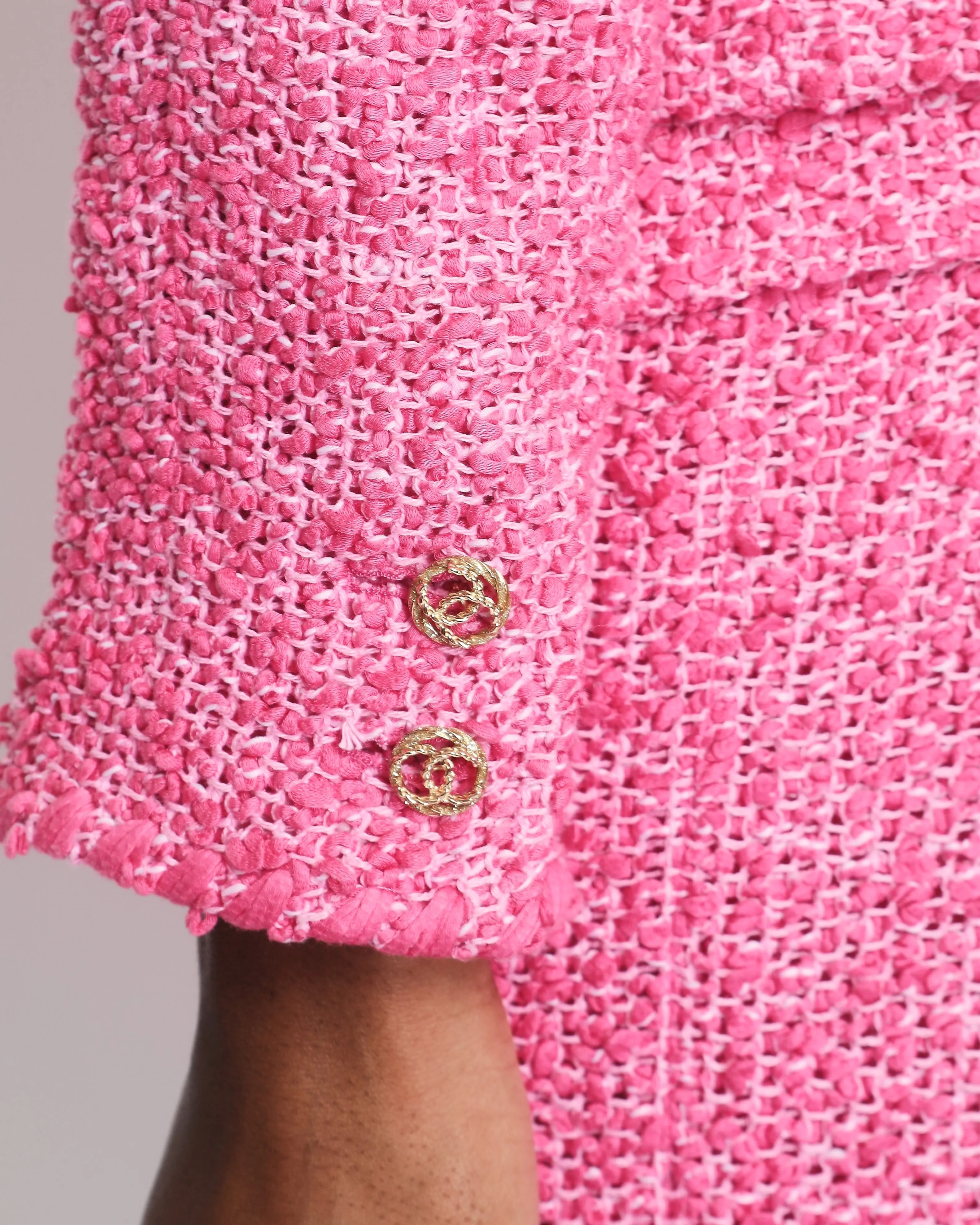 *hot*trendy Inspired  Chanel 21c Pink Tweed Jacket And Skirt Set With Cc Logo Buttons Size Fr 42 (uk 14)