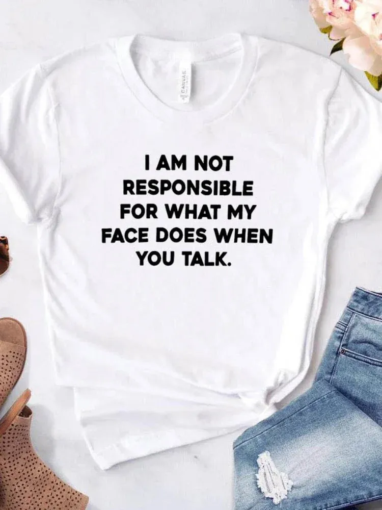 I Am Not Responsible for What My Face Does Letter Print T-Shirt for Women – Short Sleeve O-Neck Loose Fit Tee, Casual Ladies Top