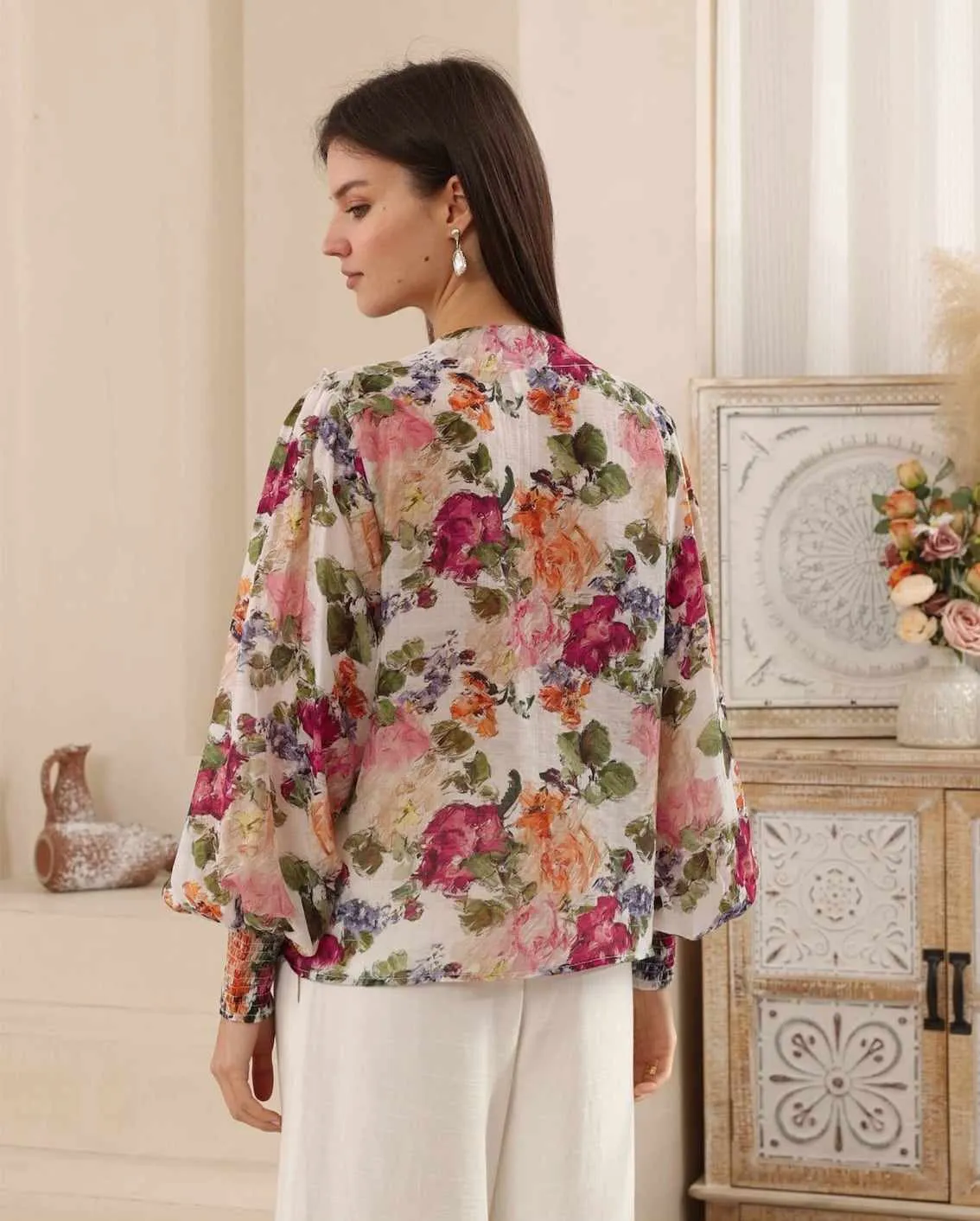 Iris Maxi Amaya Blouse Top with Frilled V Neck Long Sleeve - Rosalie