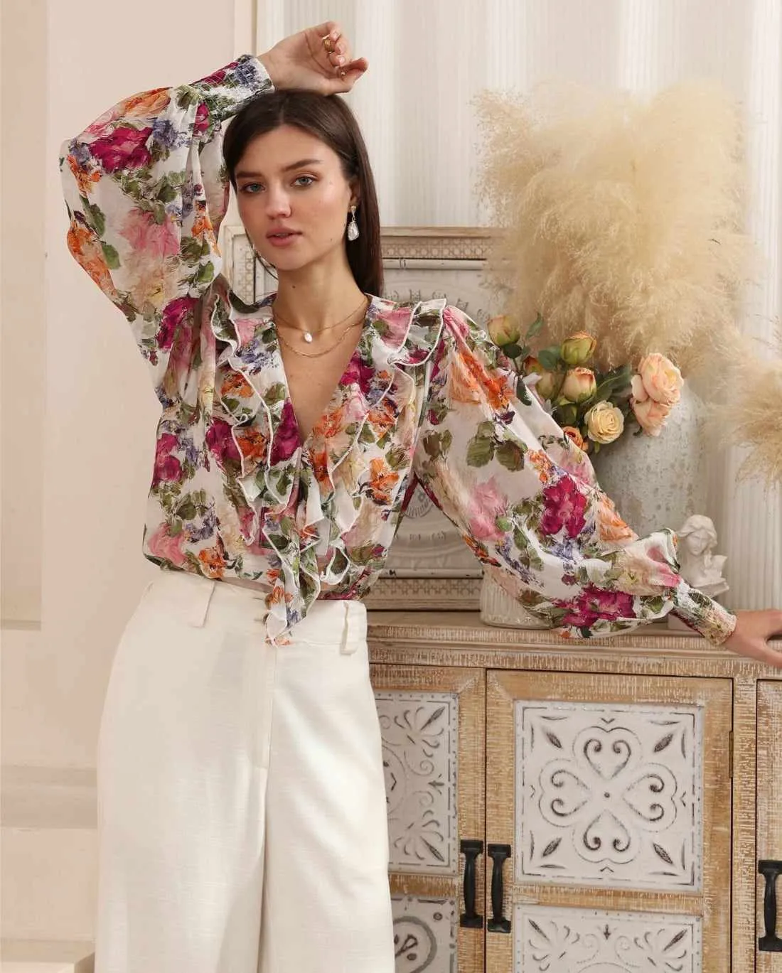Iris Maxi Amaya Blouse Top with Frilled V Neck Long Sleeve - Rosalie