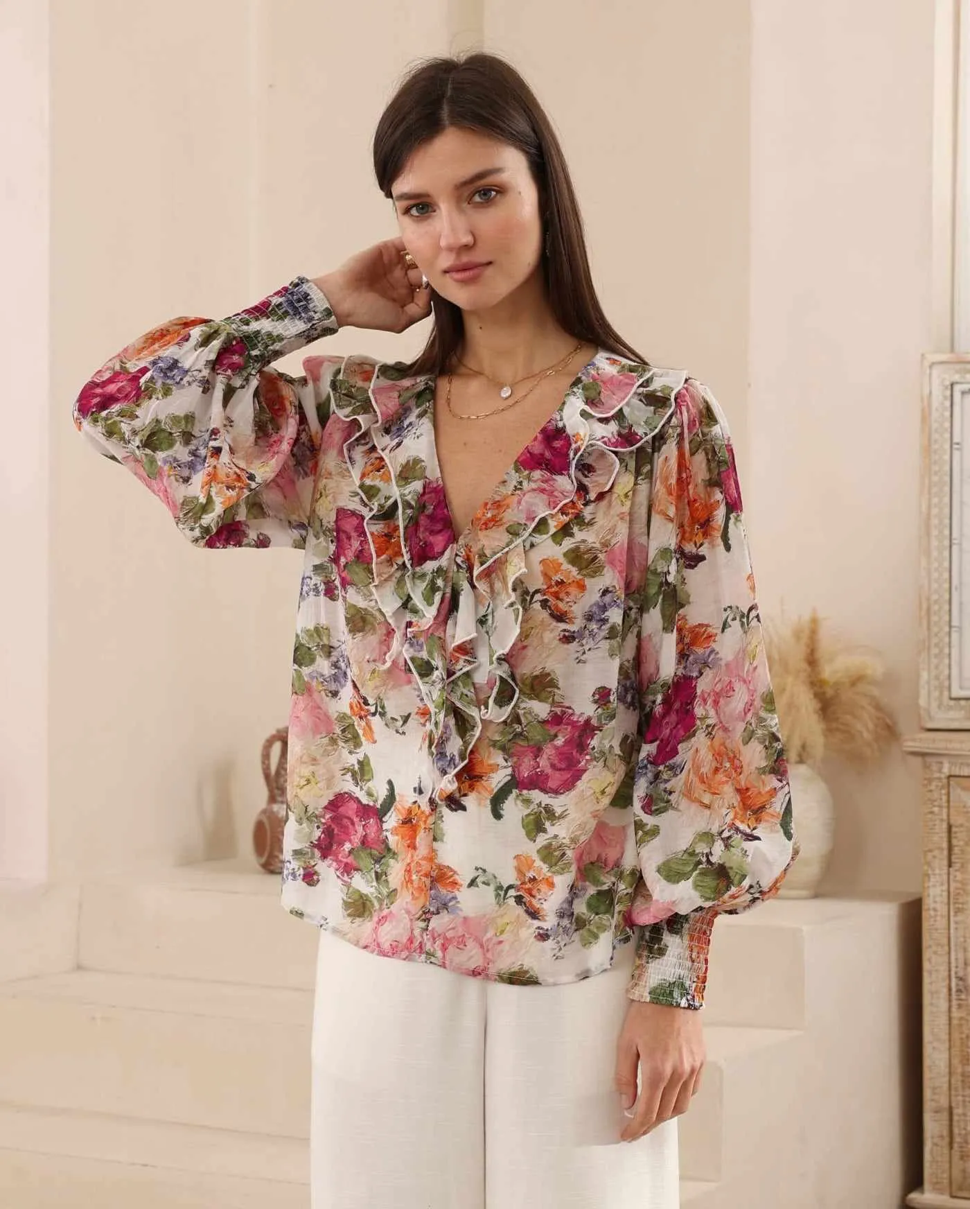 Iris Maxi Amaya Blouse Top with Frilled V Neck Long Sleeve - Rosalie