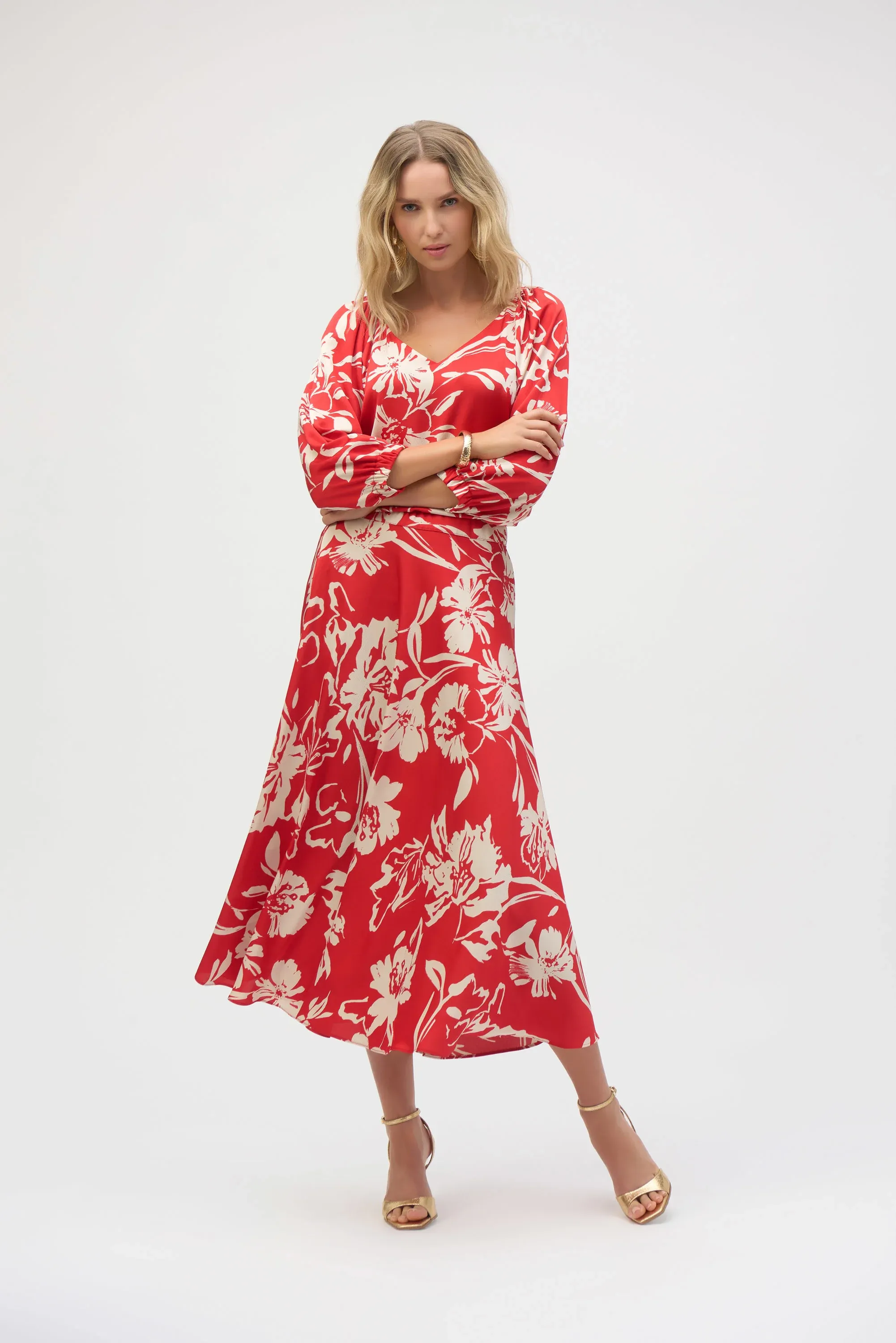 Joseph Ribkoff Hammered Satin Floral Print Skirt - Red/Cream