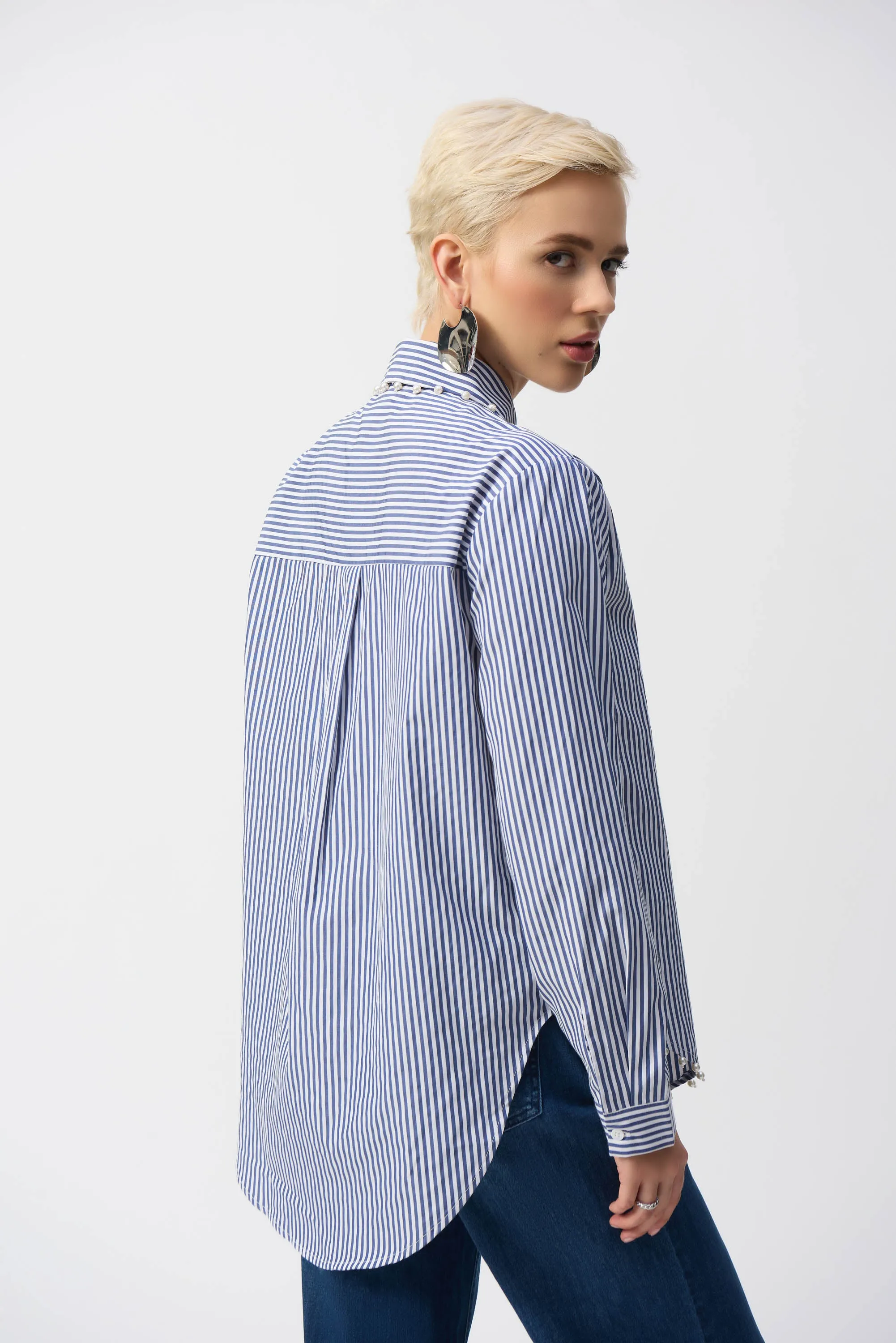 Joseph Ribkoff Striped Stretch Cotton Shirt with Pearl Trim
