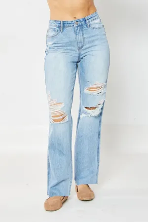 Judy Blue Rigid High Waist 90's Destroyed Straight Jean -Available in Misses and Plus Sizes