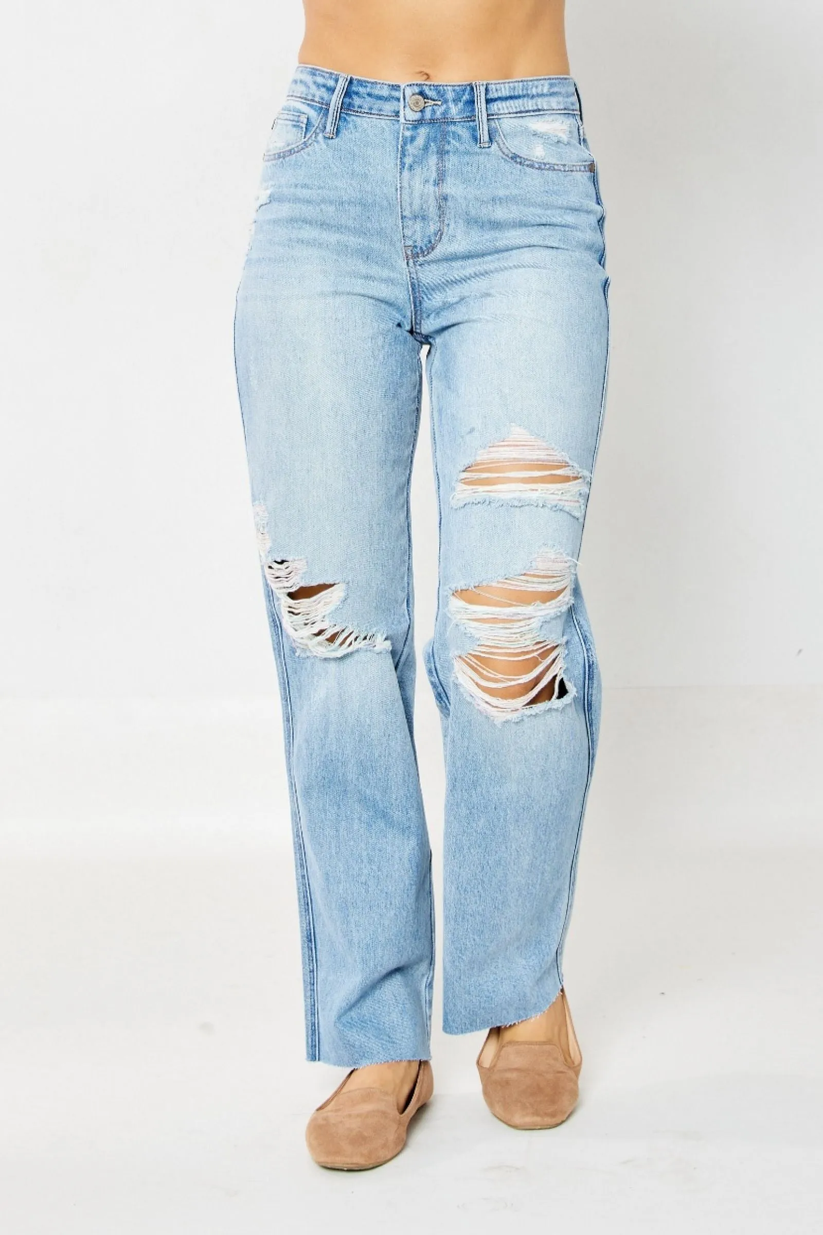 Judy Blue Rigid High Waist 90's Destroyed Straight Jean -Available in Misses and Plus Sizes