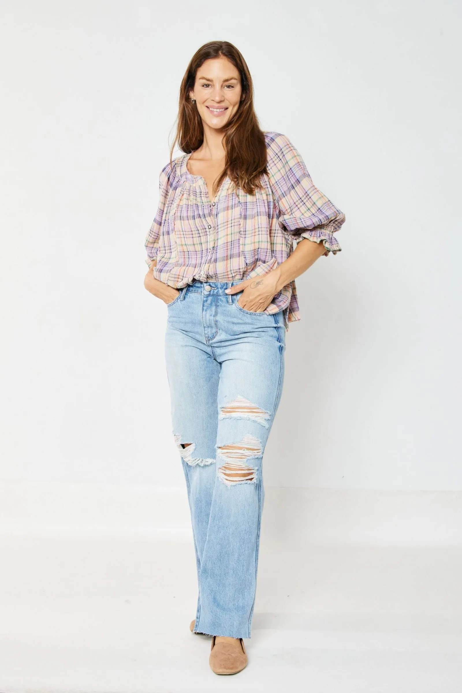 Judy Blue Rigid High Waist 90's Destroyed Straight Jean -Available in Misses and Plus Sizes