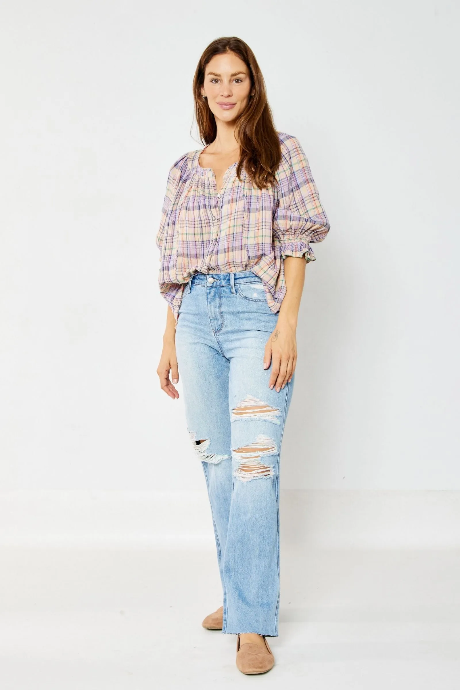 Judy Blue Rigid High Waist 90's Destroyed Straight Jean -Available in Misses and Plus Sizes