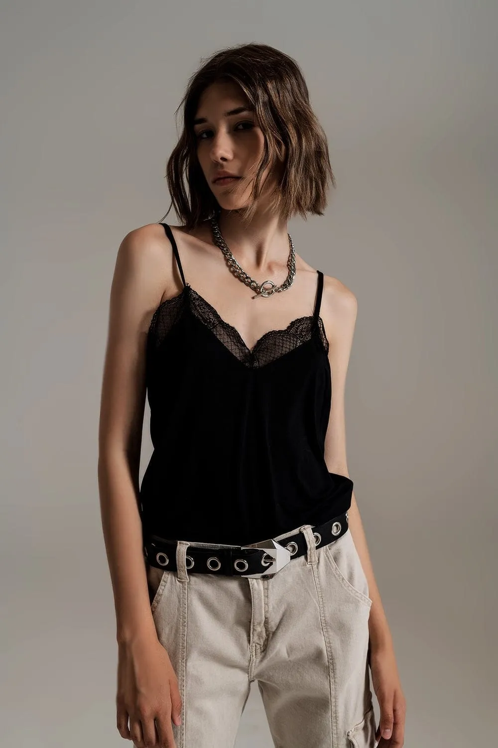 Lace Detail Cami Top In Black