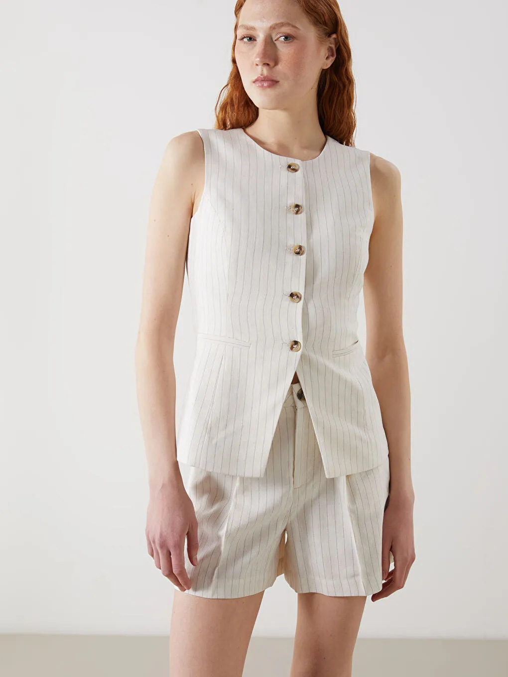 LCW Vision Beige Crew Neck Striped Linen Blend Women Classic Vest