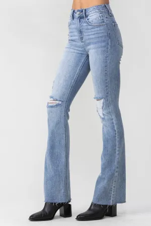 Leah High Rise Flare with Distressed Knees Denim - Light Wash