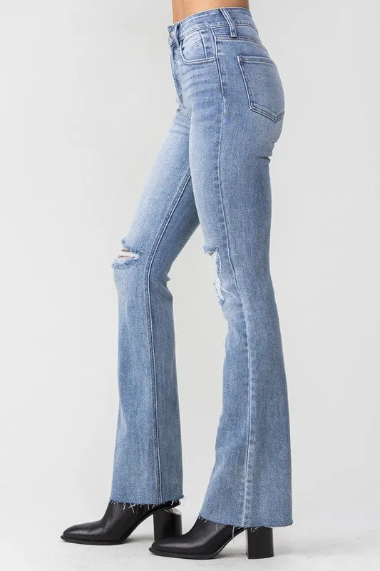 Leah High Rise Flare with Distressed Knees Denim - Light Wash