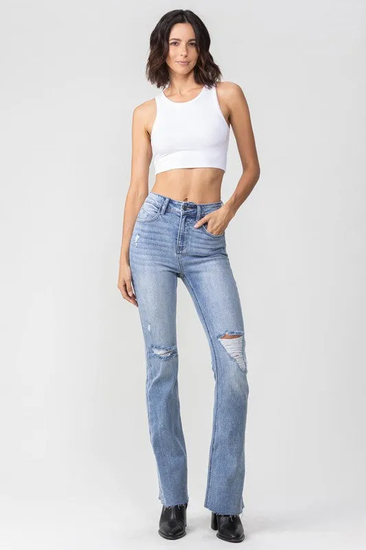 Leah High Rise Flare with Distressed Knees Denim - Light Wash