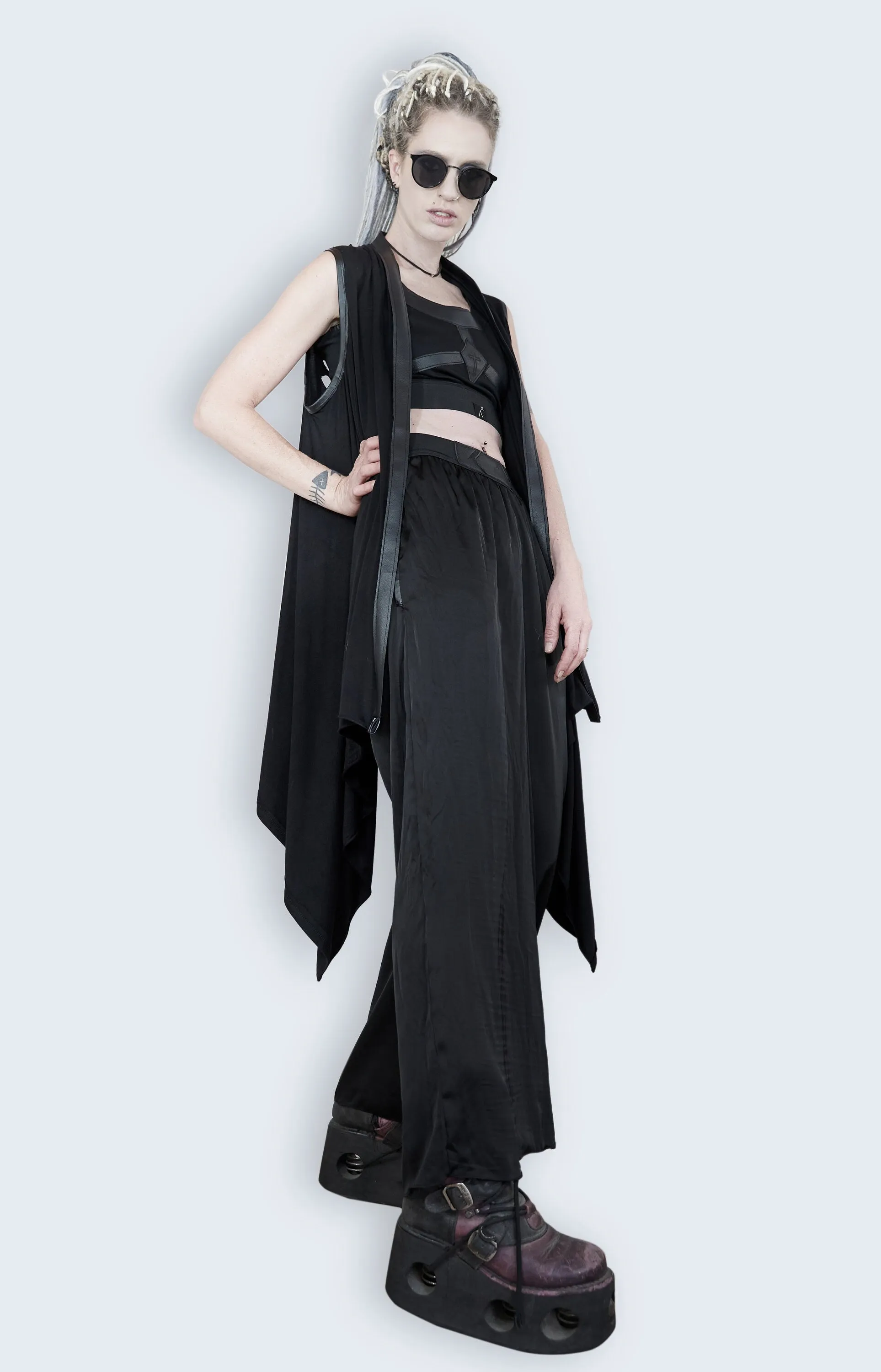 Leather strap slashed rib cage cardigan vest