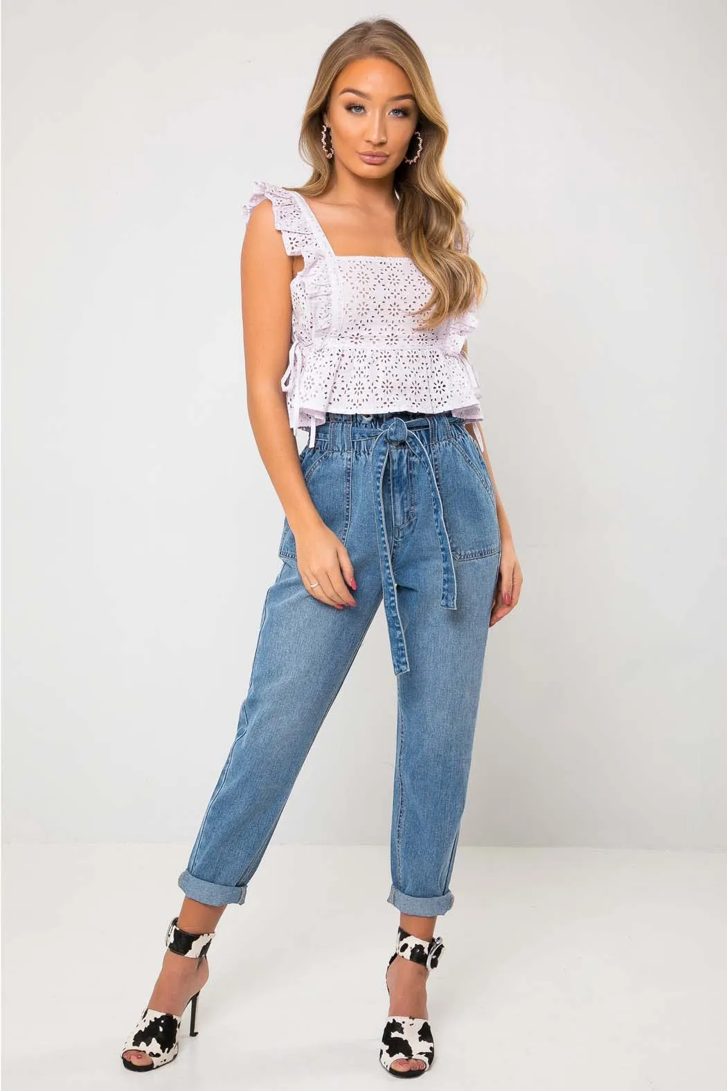 Liv Mid Blue Paperbag High Tie Waist Jean