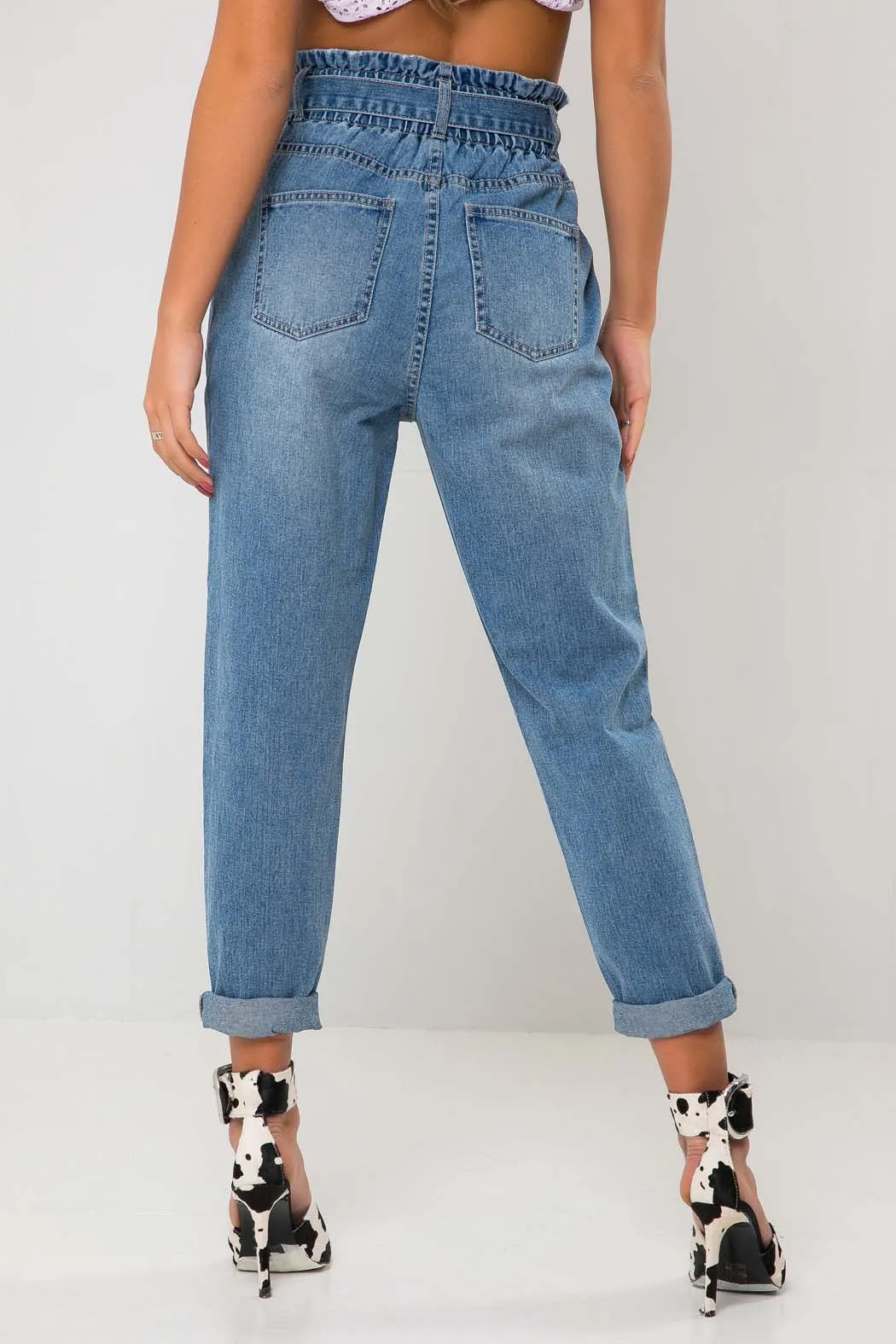 Liv Mid Blue Paperbag High Tie Waist Jean